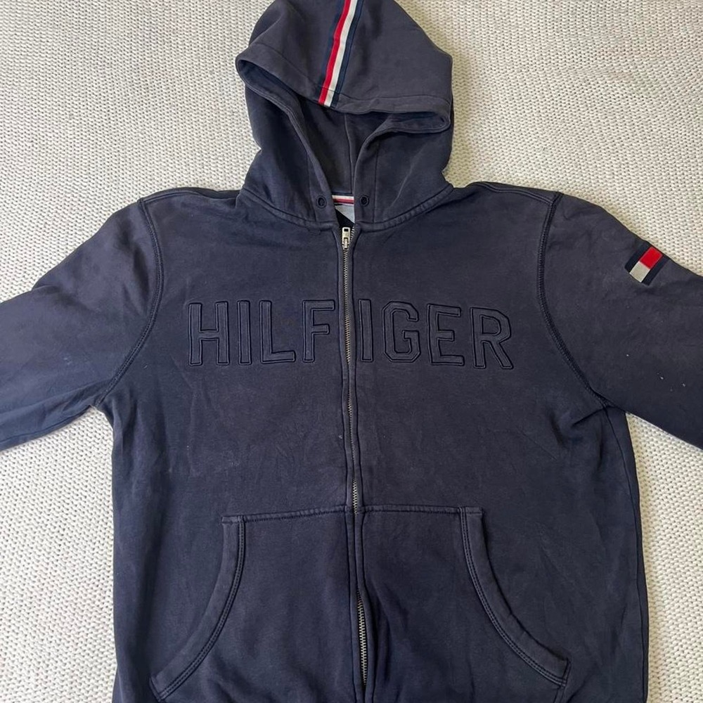 Tommy Hilfiger Womens Navy Blue Full Zip Hoodie Sweatshirt Logo Stripes Size M